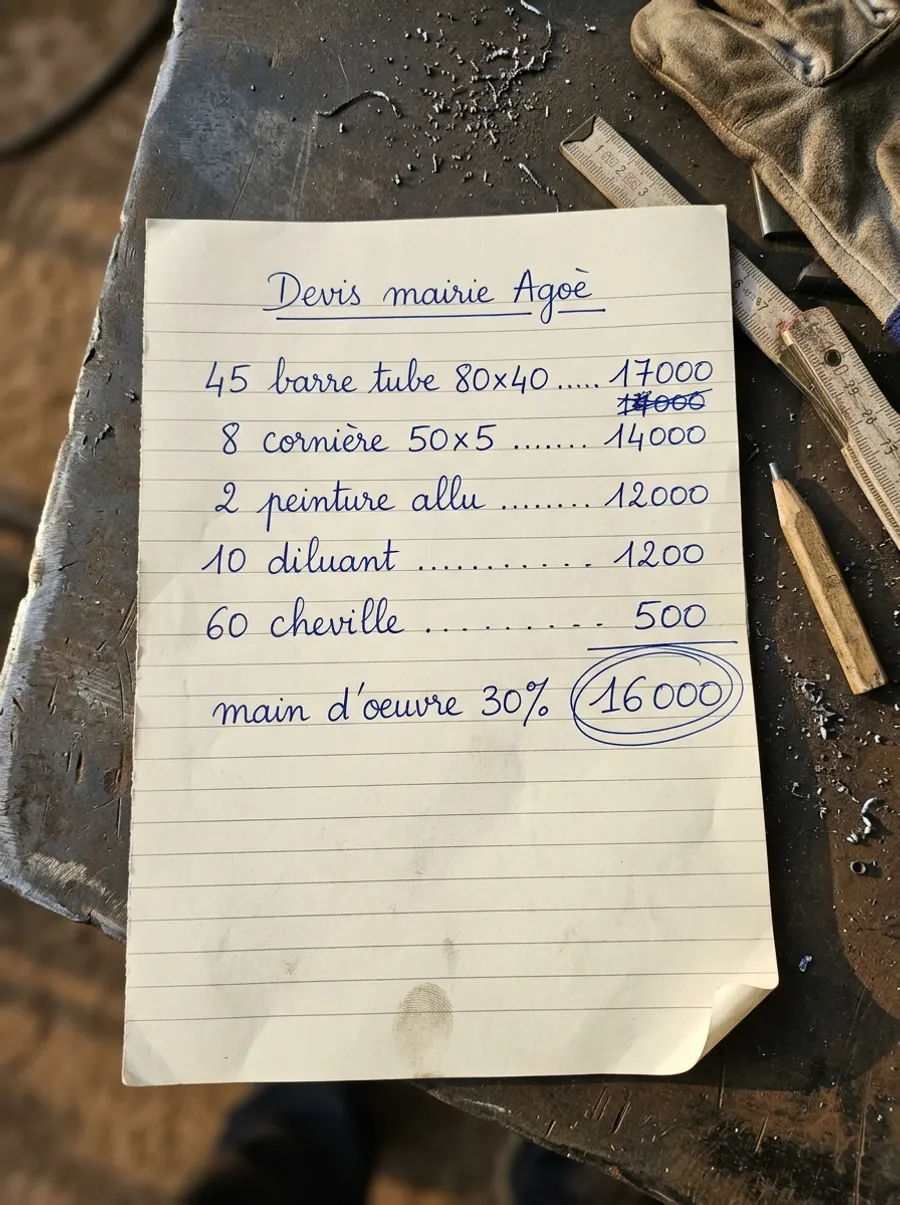 Feuille de devis manuscrite posée sur un établi d'atelier
